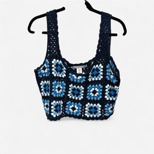 Sincerely Jules Navy and White Crochet Cropped Tank Top